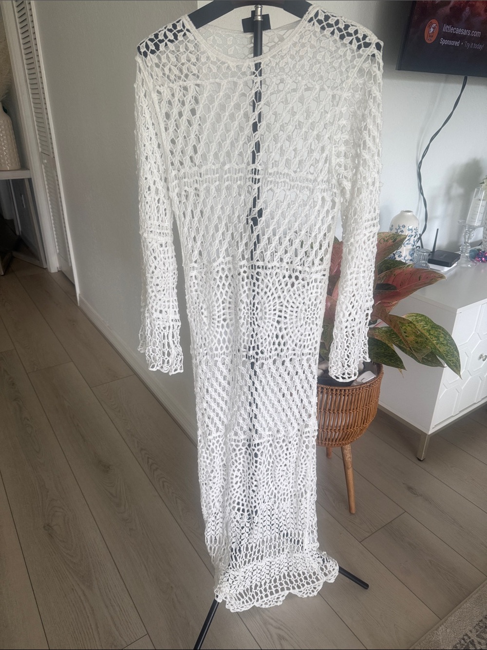 Vici White Crochet Maxi Swim Cover-Up with Long Sleeves